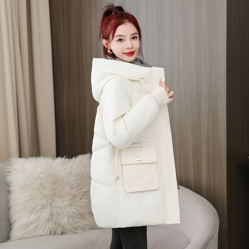 Women's jacket thick mid-length padded cotton hooded down jacket elegant