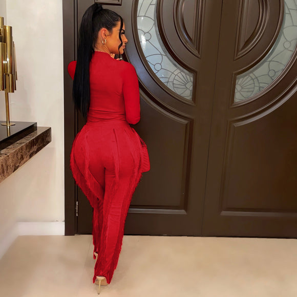 Elegant Women Jumpsuit Long Sleeve O-Neck Tank Top Fringed Trousers