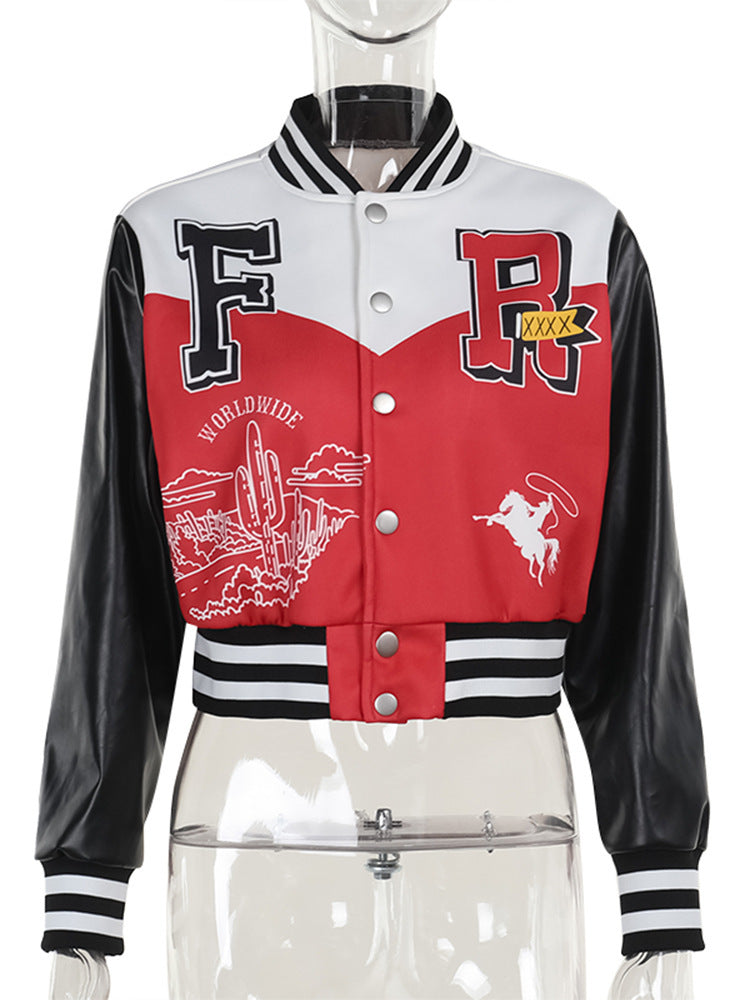 Women's short jacket elegant Patchwork Baseball letters printed slim fit