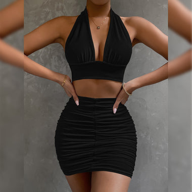 Elegant Halter Lace-Up Top And Pleated Skirt Set for Women