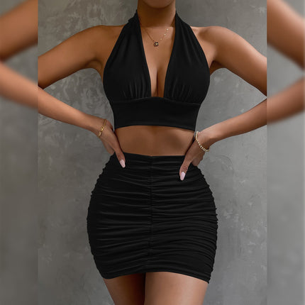 Elegant Halter Lace-Up Top And Pleated Skirt Set for Women
