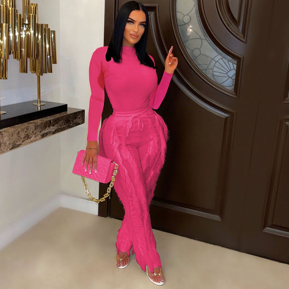 Elegant Women Jumpsuit Long Sleeve O-Neck Tank Top Fringed Trousers