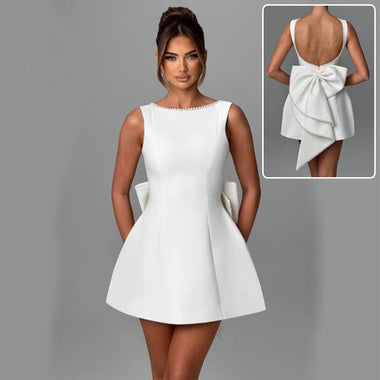 Sexy Mini Dress Women Big Bows Beads Elegant Backless Sleeveless Party Dress