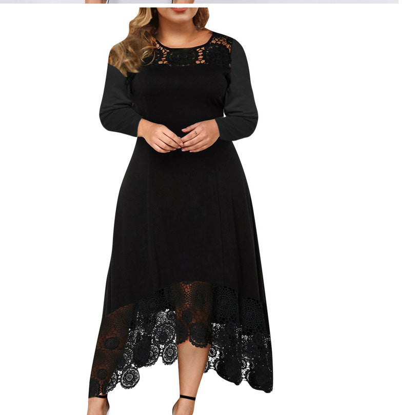 Women's dress in lace hem elegant round neck long sleeves