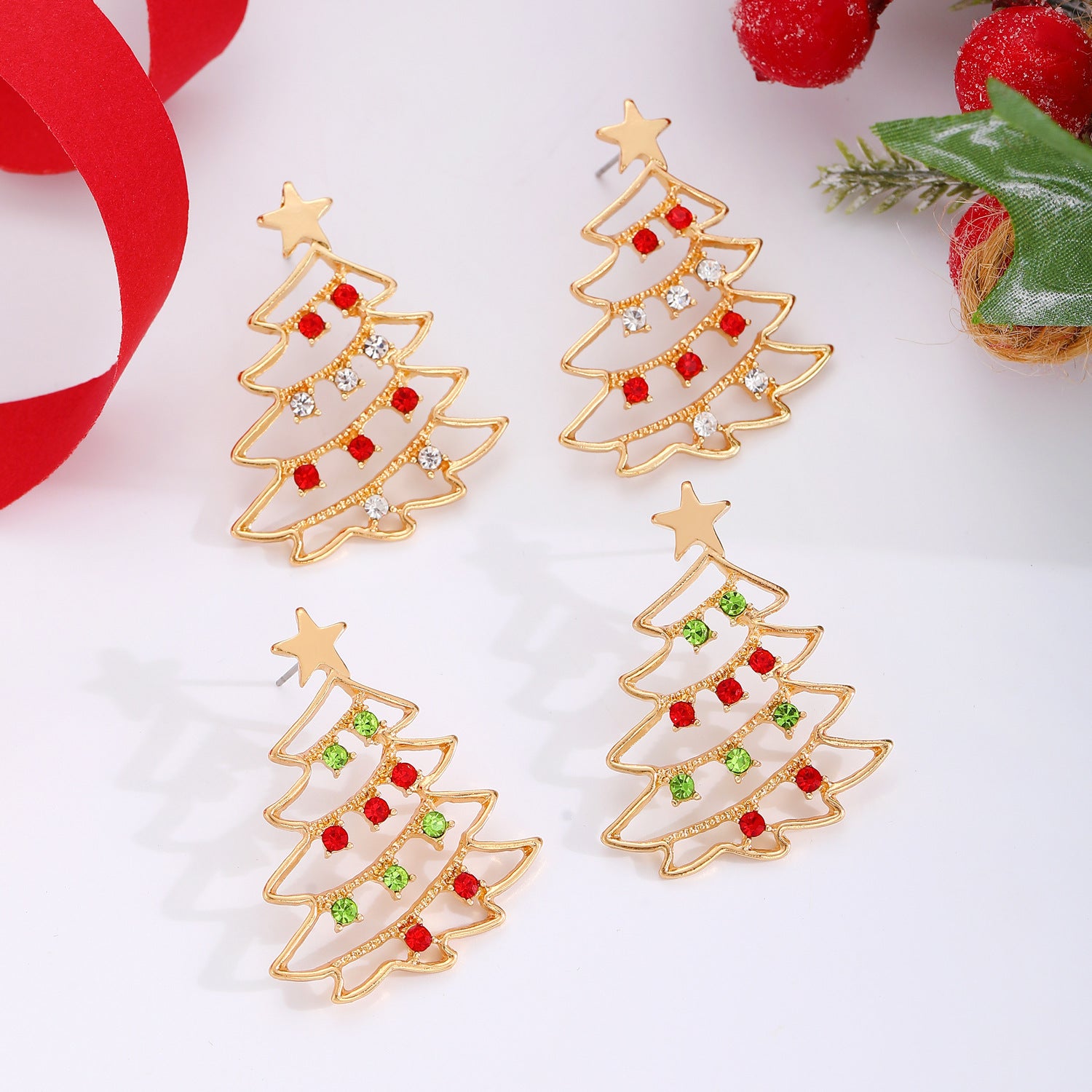 Women's earrings shaped like a Christmas tree  elegant in colored zircon