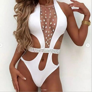 Women's swimsuit one-piece diamond see-through cutout