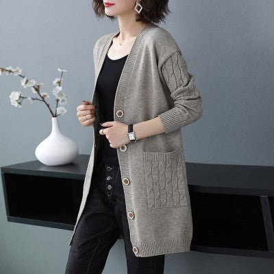 Women's Cardigan knitted pocket solid color elegant, long sleeves, v-neck