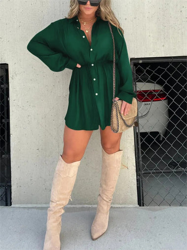 Elegant Satin Mini Dress Women Long-Sleeved Button-Up Chic Look