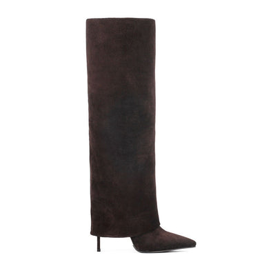 Acheter daim-marron Bottes pour femmes à talons aiguilles collants élégants bout pointu hautes grandes tailles