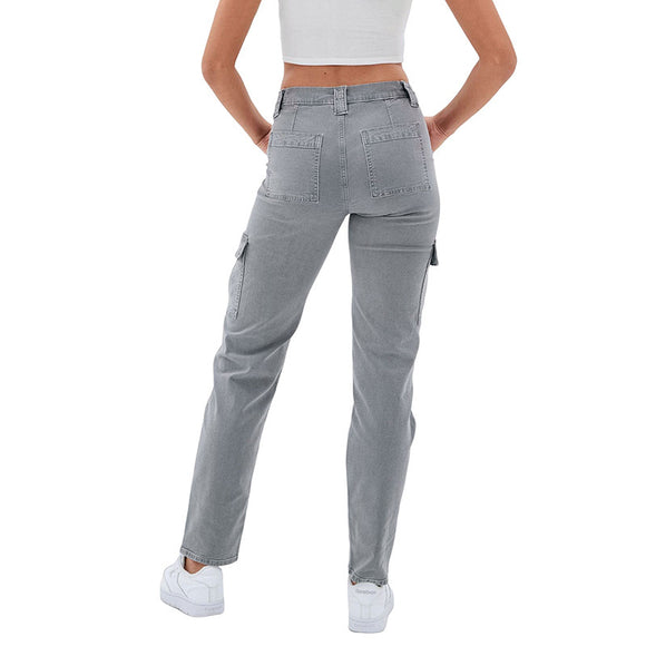 Women's jeans cargo high-waisted, pockets, slim straight jeans, casual