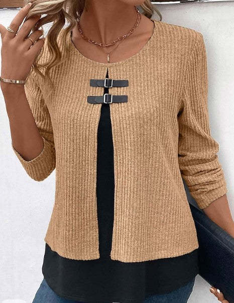 Women's Sweater knitted two-piece layered, long sleeves chic round neck