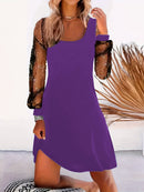 Women's dress evening long sleeve mesh elegant and U-neck