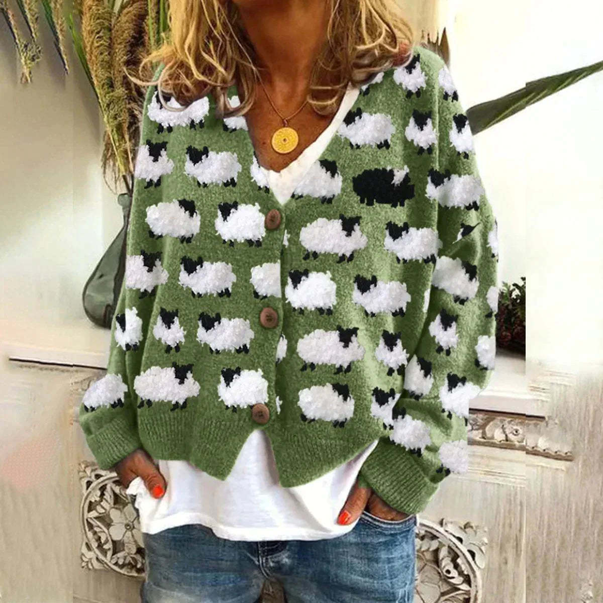 Women's cardigan knitted with contrasting buttons, sheep pattern open