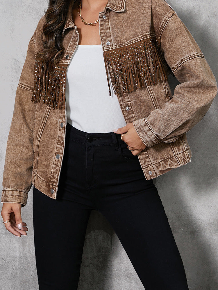 Women's jacket denim fringed elegant brown in rhinestones