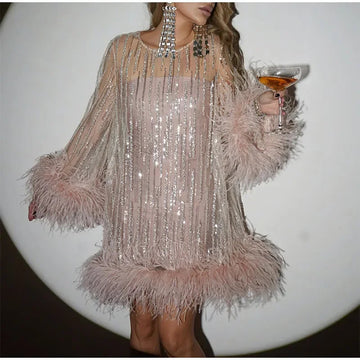 Chiara Sequin Mini Party Dress Feather Glitter