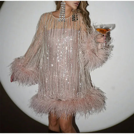 Chiara Sequin Mini Party Dress Feather Glitter