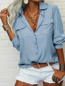 Elegant Blouse Spring Summer Casual Long Sleeve V Neck Loose Shirt Lady Tunics Tops