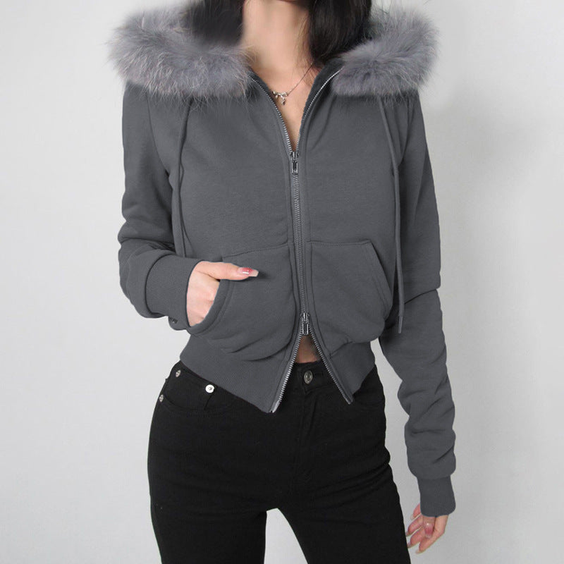 Women's jacket padded fur elegant with embroidered letters