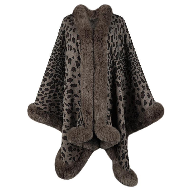 Women's Cape Cardigan with fur collar leopard print coats elegant thick warm