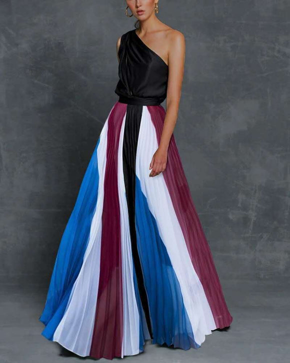 Women's Pleated Printed Long Dress, Strapless Contrast Stitching