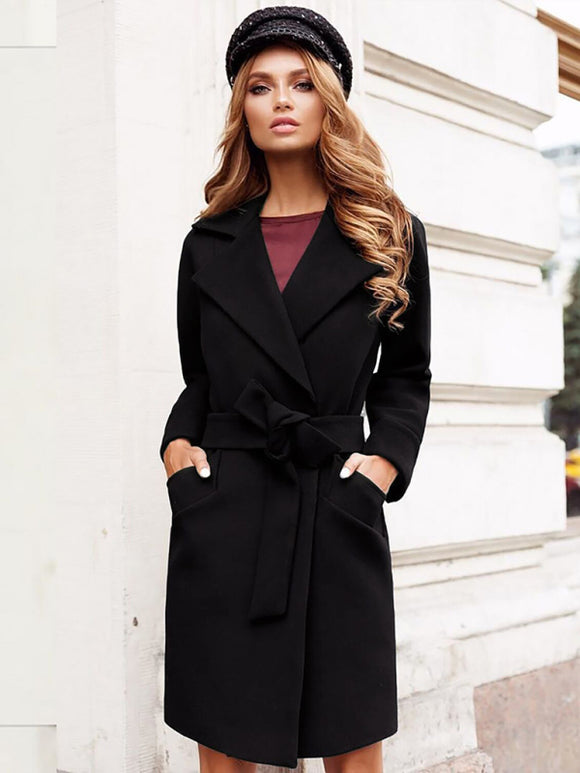 Women's coat wool elegant shawl collar and cashmere lace-up pockets