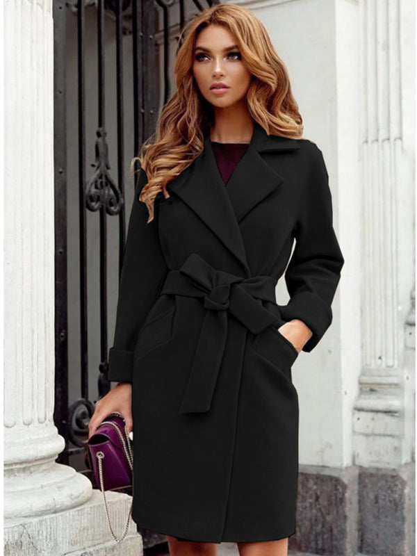 Women's coat wool elegant shawl collar and cashmere lace-up pockets