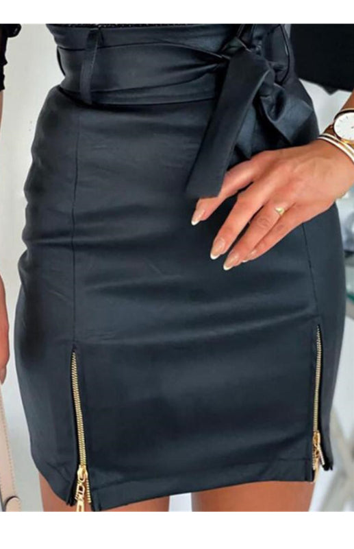 Women's Skirt zippered elegant with belt hem chic casual evening