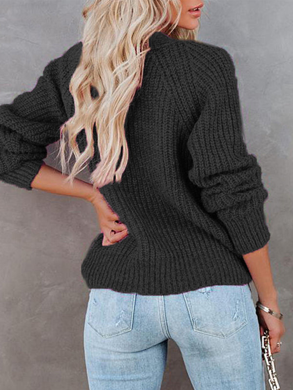 Women's Cardigan  knitted solid, with long sleeves, V-neck, single-breasted