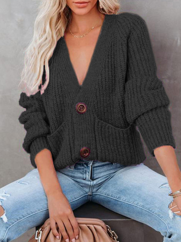 Women's Cardigan  knitted solid, with long sleeves, V-neck, single-breasted