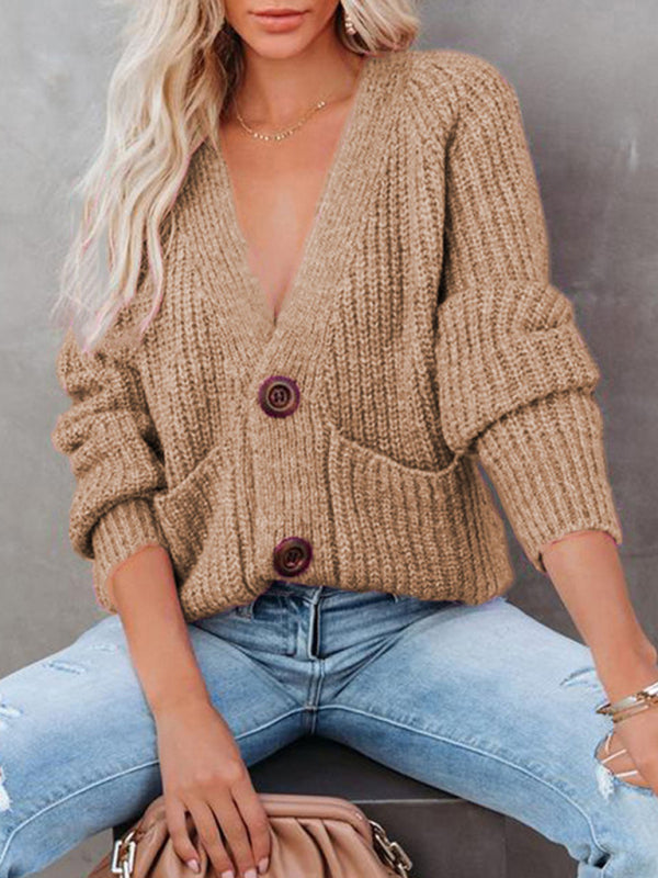 Women's Cardigan  knitted solid, with long sleeves, V-neck, single-breasted