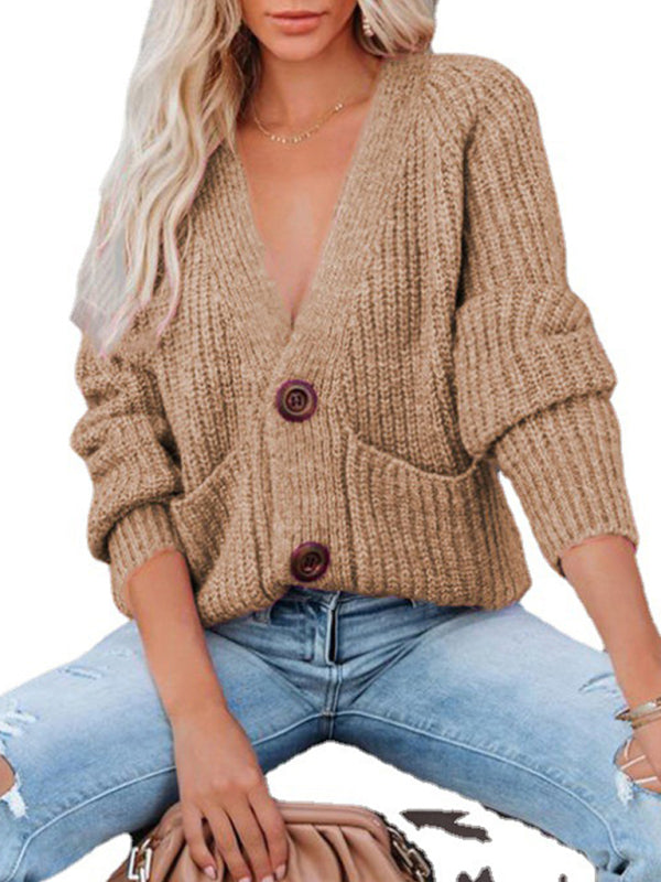 Women's Cardigan  knitted solid, with long sleeves, V-neck, single-breasted