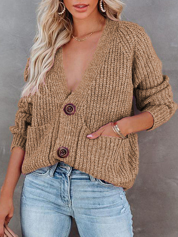 Women's Cardigan  knitted solid, with long sleeves, V-neck, single-breasted