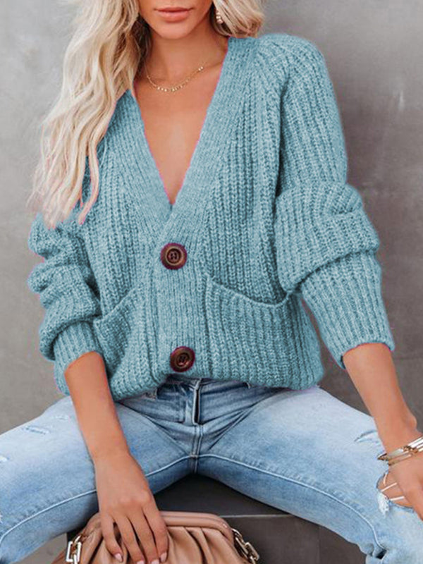 Women's Cardigan  knitted solid, with long sleeves, V-neck, single-breasted