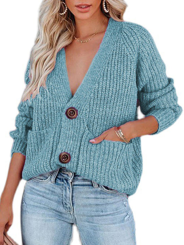 Women's Cardigan  knitted solid, with long sleeves, V-neck, single-breasted