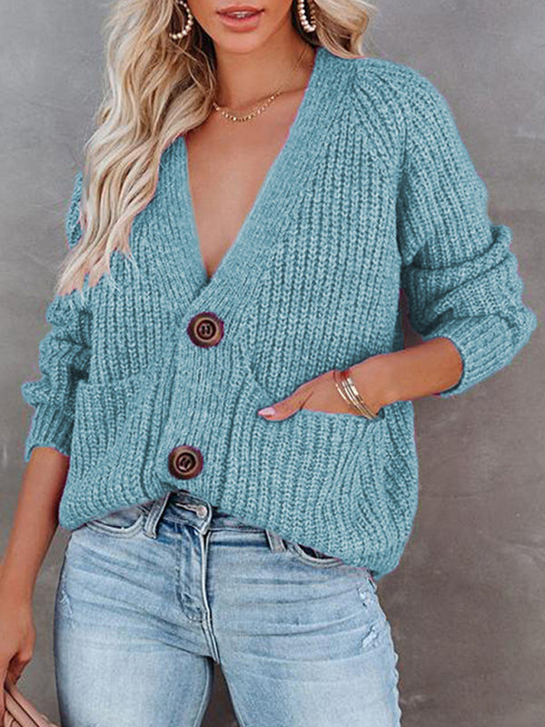 Women's Cardigan  knitted solid, with long sleeves, V-neck, single-breasted