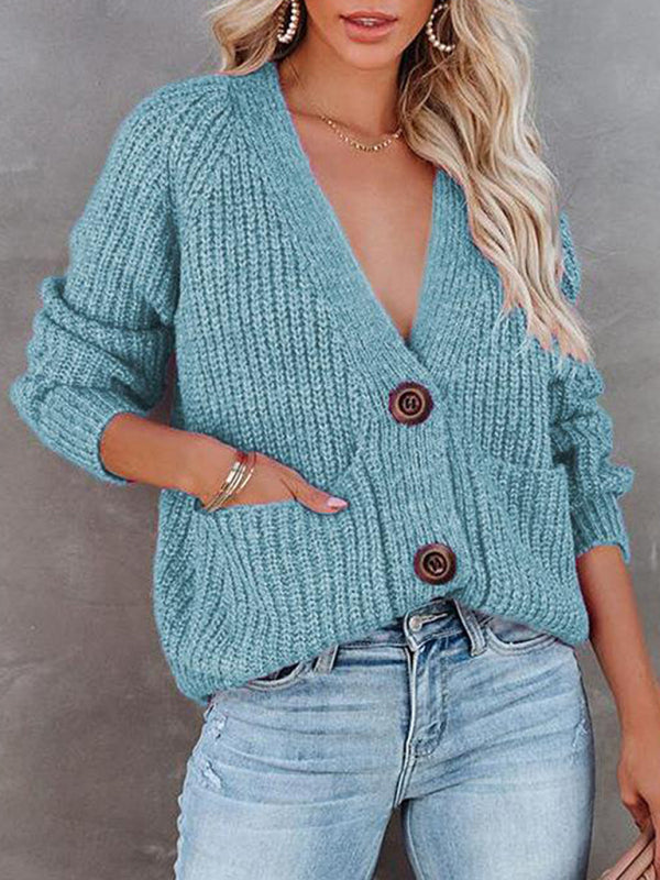 Women's Cardigan  knitted solid, with long sleeves, V-neck, single-breasted