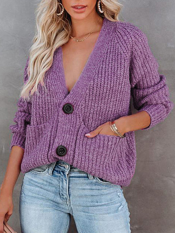 Women's Cardigan  knitted solid, with long sleeves, V-neck, single-breasted