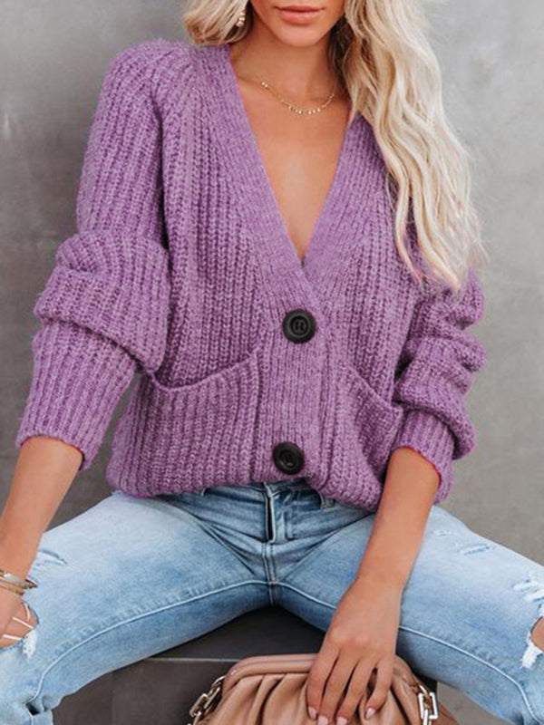 Women's Cardigan  knitted solid, with long sleeves, V-neck, single-breasted