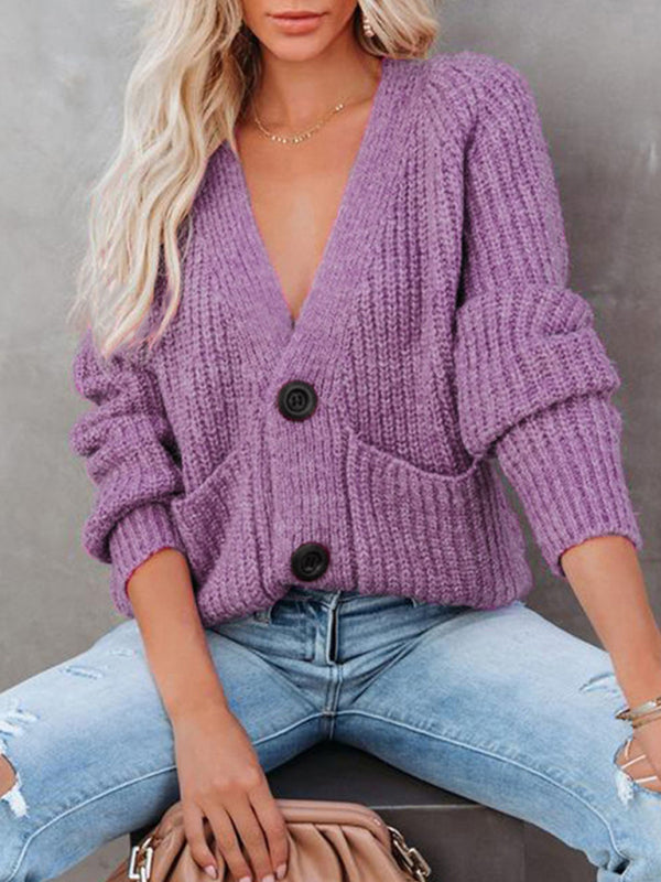 Women's Cardigan  knitted solid, with long sleeves, V-neck, single-breasted