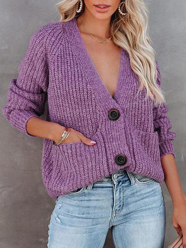 Women's Cardigan  knitted solid, with long sleeves, V-neck, single-breasted