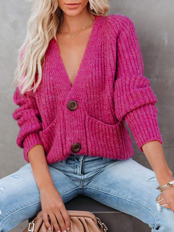 Women's Cardigan  knitted solid, with long sleeves, V-neck, single-breasted