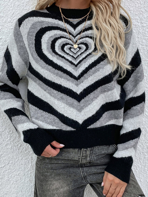 Women's sweater knitted creative stripes, heart shape round neck elegant