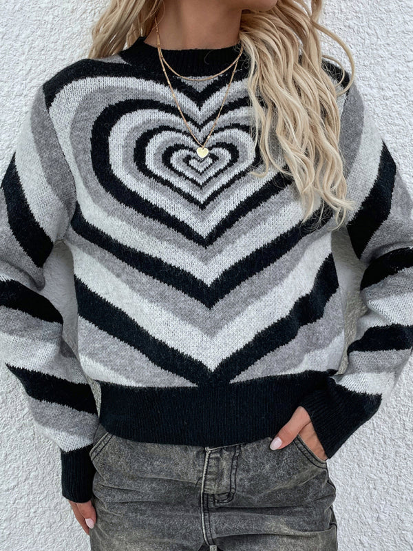 Women's sweater knitted creative stripes, heart shape round neck elegant