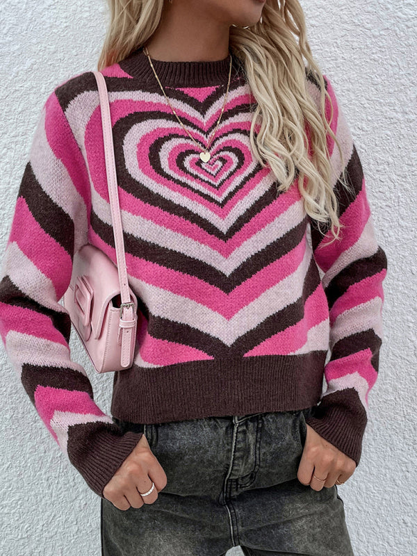 Women's sweater knitted creative stripes, heart shape round neck elegant