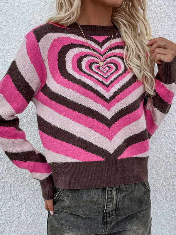 Women's sweater knitted creative stripes, heart shape round neck elegant