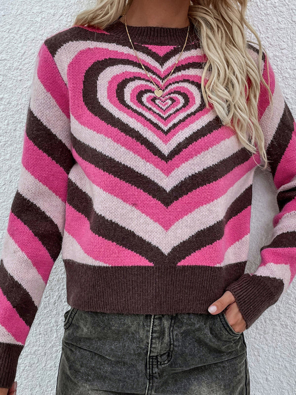 Women's sweater knitted creative stripes, heart shape round neck elegant