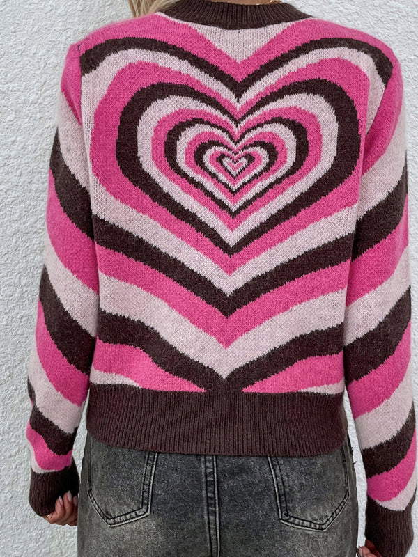 Women's sweater knitted creative stripes, heart shape round neck elegant