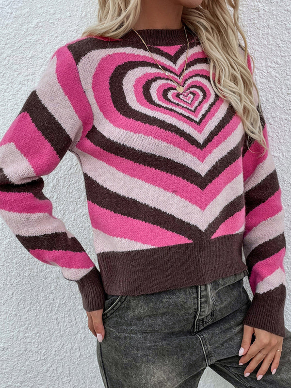 Women's sweater knitted creative stripes, heart shape round neck elegant