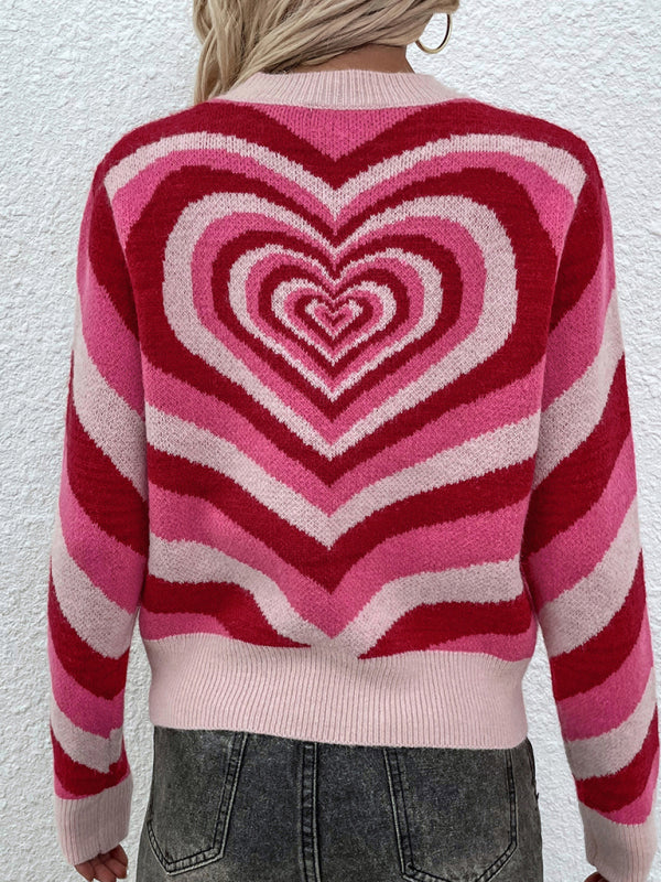 Women's sweater knitted creative stripes, heart shape round neck elegant