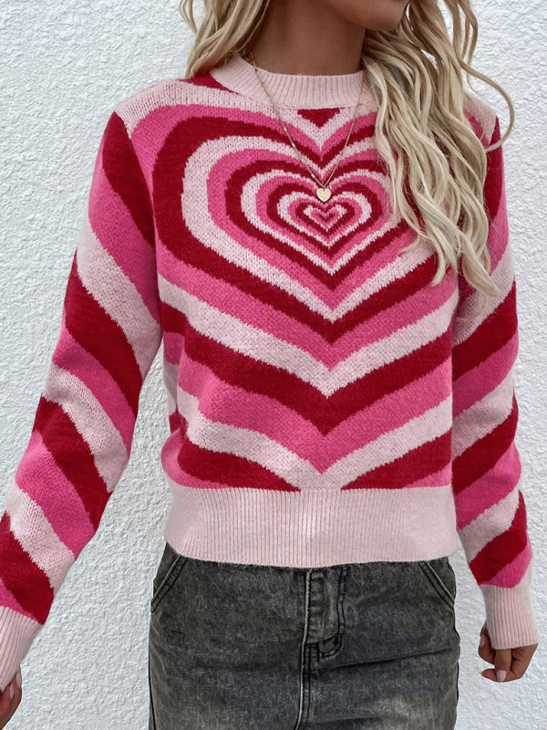 Women's sweater knitted creative stripes, heart shape round neck elegant